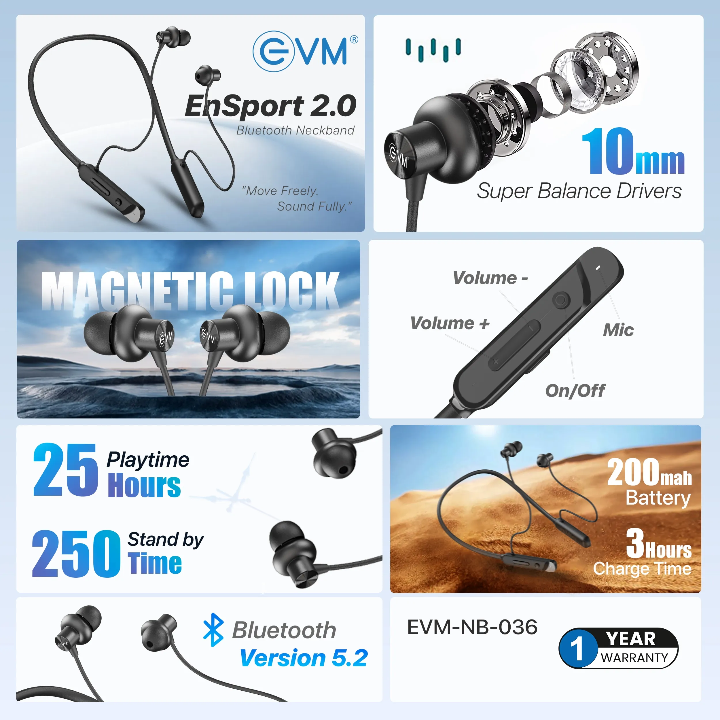 EVM Bluetooth Neckband Earphone EnSport 2.0 (NB-036) Black view 4